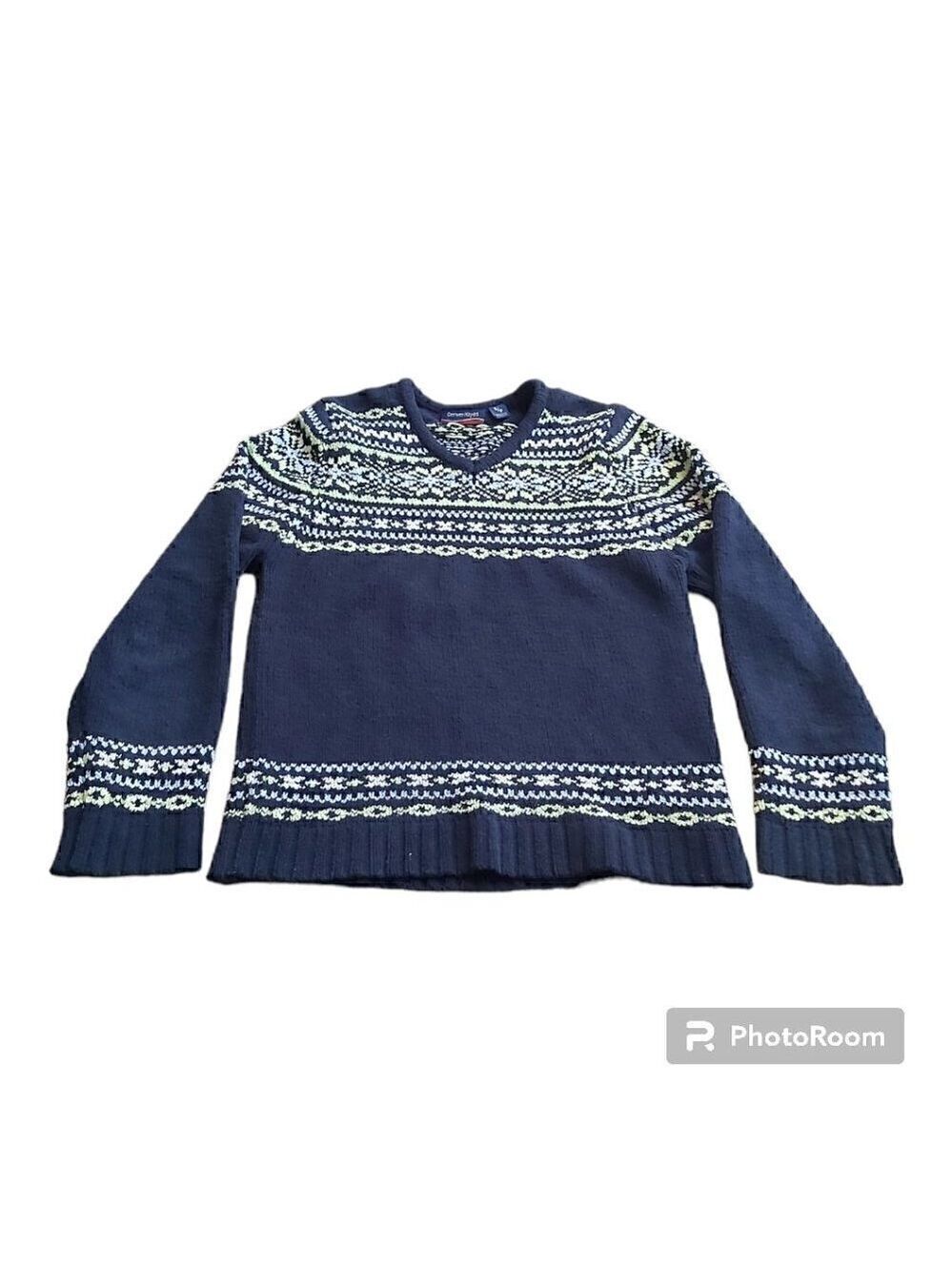 Denver Hayes Super Soft Navy Blue Fair Isle V-Neck Sweater Size Small - Cozy
